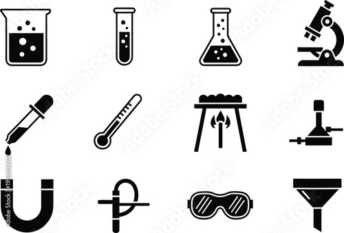 Collection of black and white laboratory equipment icons for science and chemistry education