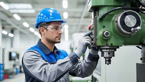 Focused male factory worker in safety helmet and glasses operating a large industrial drill press, meticulously controlling production in a modern manufacturing facility