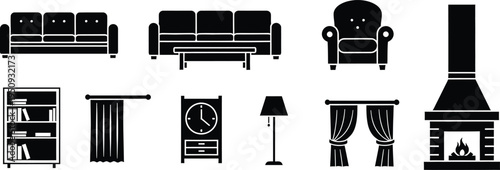 Collection of living room furniture and home decor icons in black silhouette style