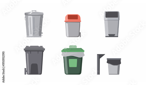 Set of 6 trash can and recycling bin icons flat vector illustration on white background