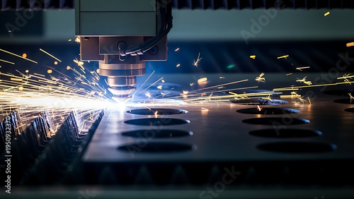 Precision metal cutting with a high-tech laser machine, creating intricate patterns with sparks flying