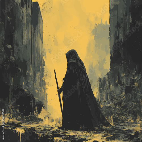 Grimdark is a subgenre of speculative fiction with a tone, style, or setting that is particularly dystopian, immoral , vector style simple color