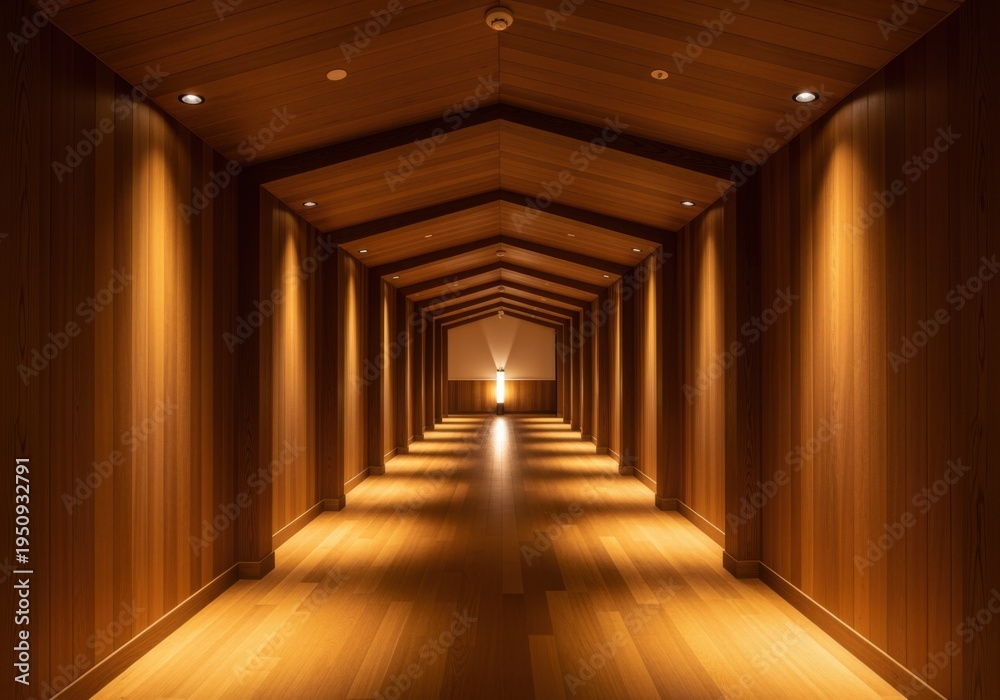 Fototapeta premium Captivating warm wood paneled architectural corridor with dramatic spotlighting creating a geometric perspective, leading to illuminated architectural detail.