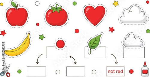 Kids Educational Sorting Game Worksheet with Fruits Shapes Colors and Cut Paste Activity for Preschool Learning Vector Illustration