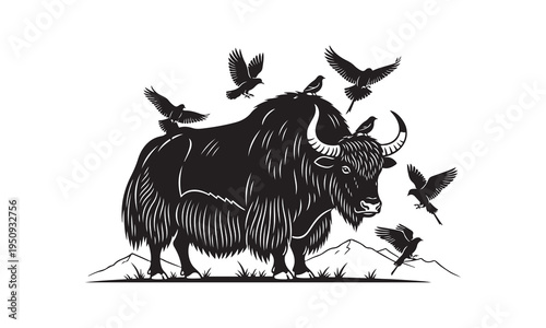 Yak with horns silhouette, Yak with large horns fight vector, Yak standing on mountain silhouette, Yak with rider vector design, Yak on snowy hill silhouette