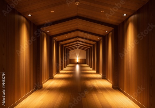 Captivating warm wood paneled architectural corridor with dramatic spotlighting creating a geometric perspective, leading to illuminated architectural detail.