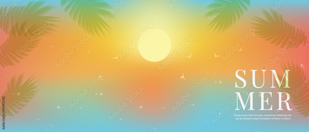 Obraz premium Summer tropical banner. Horizontal vector illustration with sunset over sea, palm leaf silhouettes and birds. Blurred background for holiday, vacation, travel marketing and web design.
