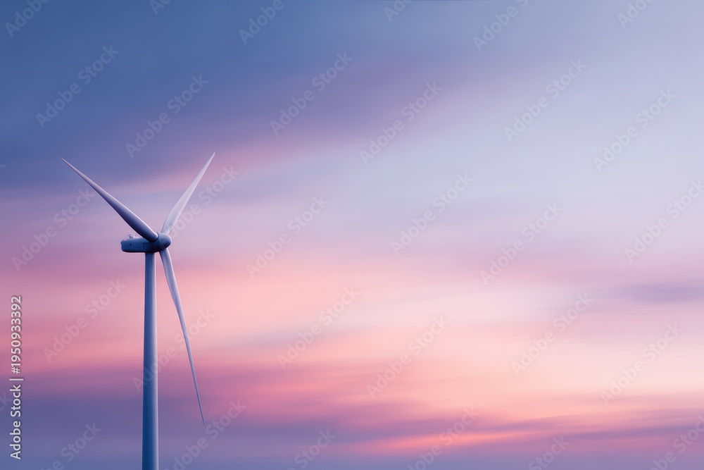 Obraz premium wind turbine on lakeshore during colorful sunset representing clean wind energy production