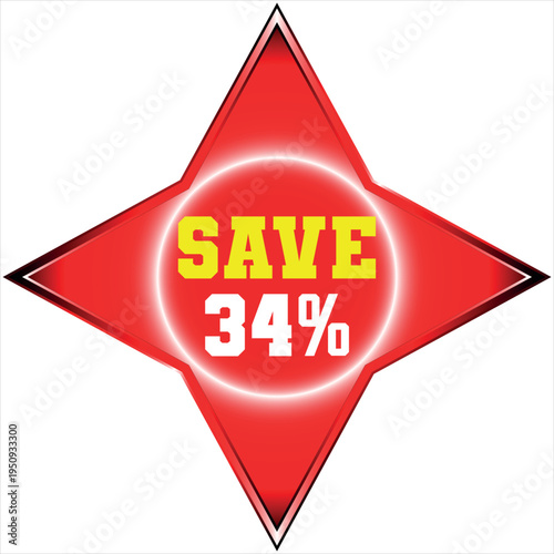 Red starburst with yellow SAVE and Discount batch white 34 percent text sale discount
