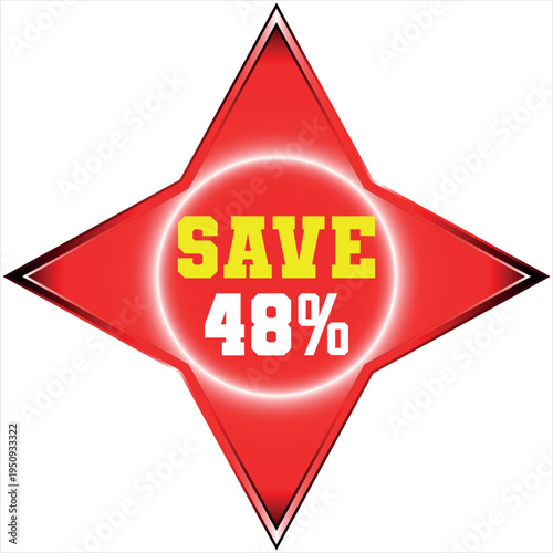 Red starburst with yellow SAVE and Discount batch white 48 percent text sale discount