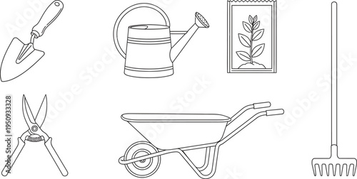 Collection of essential gardening tools presented as outline vector icons for horticulture and spring planting projects isolated on white background