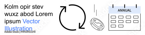 Subscription model, finance management, recurring payments, investment planning, budgeting, cycle. Arrows, coin and calendar labeled annual. Subscription model and finance management concept