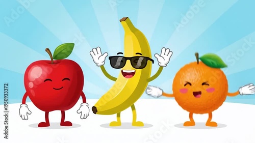 Happy apple, banana with sunglasses, and orange cartoon fruit characters with smiling faces, waving hands, white gloves, and cheerful expressions blue sunburst background, promoting healthy eating