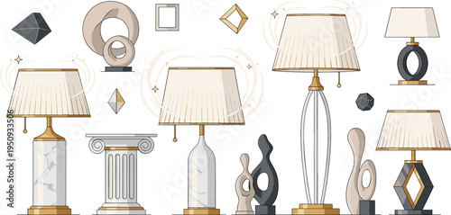 Elegant Modern Table Lamps Set with Decorative Sculptures Marble Base and Luxury Interior Lighting for Contemporary Home Decor Vector Illustration