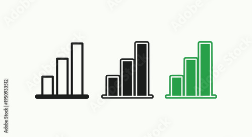 A set of three bar graph icons in black, white, and green colors for data visualization purposes on a light green background