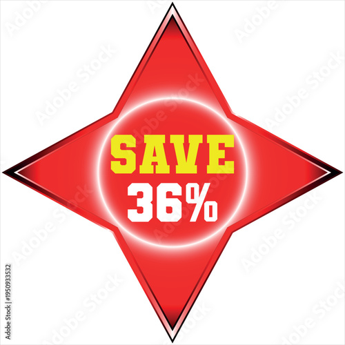 Red starburst with yellow SAVE text and 36 percent discount sale offer Discount batch