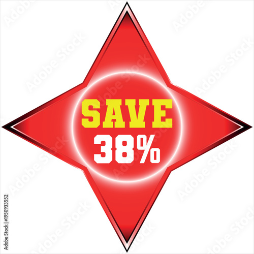 Red starburst with yellow SAVE text and 38 percent discount sale offer Discount batch