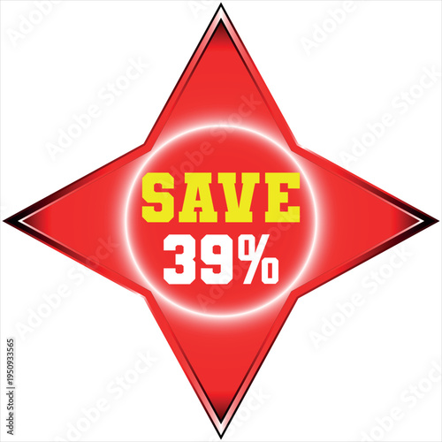 Red starburst with yellow SAVE text and 39 percent discount sale offer Discount batch