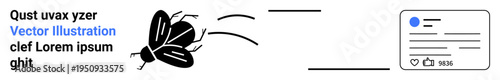 Online communication, social media engagement, digital interaction, virtual , connectivity, creative visualization. A bug flies toward a document with social media icons. Online communication