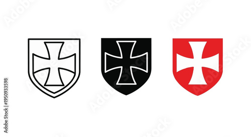 Three heraldic shields with crosses in white, black, and red colors