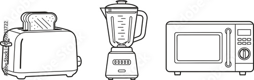 Set of common kitchen appliances including a toaster blender and microwave oven depicted in a minimalist outline vector illustration for home electronics and food preparation concepts