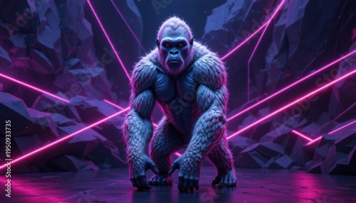 A powerful silverback gorilla statue is illuminated by vibrant neon pink light streaks crisscrossing a dark, rocky, futuristic cavern, reflecting on a glossy floor.