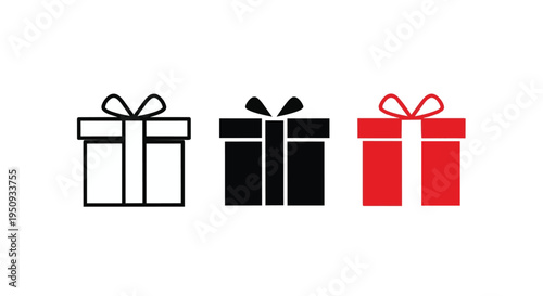 Three colorful gift boxes with ribbons in black, white, and red
