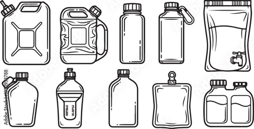 Illustration of various water containers and bottles for outdoor activities. Vector