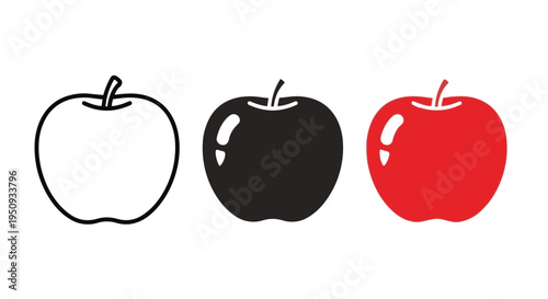 Three apples in different colors, black, red, and outlined