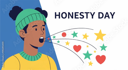 Woman celebrating honesty day with colorful stars and hearts coming out of her mouth