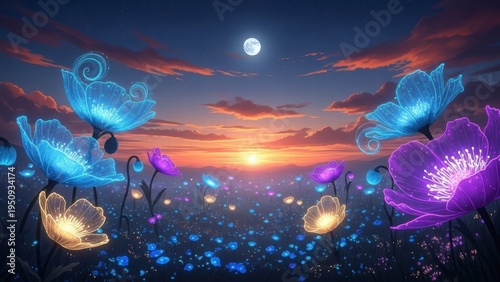 Enchanted Floral Fantasy: An ethereal vista of glowing flowers, bathed in the soft light of a full moon against a backdrop of a fiery sunset. A dreamscape of magic and fantasy.