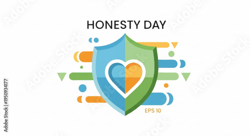Honesty day shield icon with heart symbol and colorful geometric shapes on white background