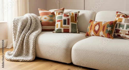 Luxurious Cream Boucle Sofa with Decorative Cushions and Cozy Throw in a Modern Living Space