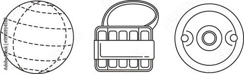 Set of minimalist line art icons featuring a globe padlock and circular control element perfect for modern web and mobile UIUX design projects