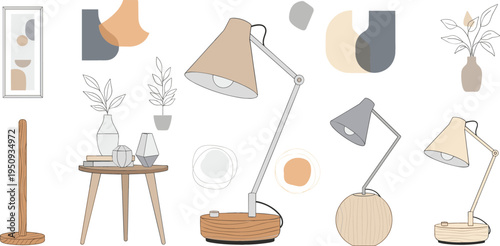 Modern Home Interior Lighting Set with Table Lamp Floor Lamp Decor Plants and Minimalist Scandinavian Furniture Vector Illustration