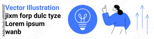 Innovation, creativity, brainstorming, progress, idea sharing, design thinking. Light bulb icon and person pointing upward with arrows. Innovation and creativity concept