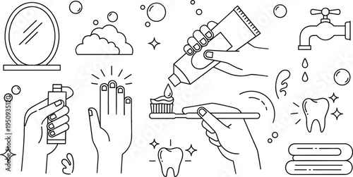 Personal Hygiene Line Art Set with Hand Washing Tooth Brushing Soap Mirror Faucet and Daily Health Care Routine Vector Illustration