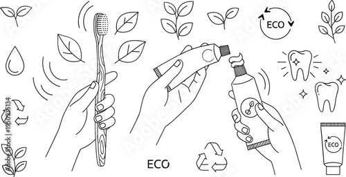 Eco Friendly Dental Care Line Art Set with Bamboo Toothbrush Natural Toothpaste Leaves Recycling Symbols and Sustainable Oral Hygiene Vector Illustration