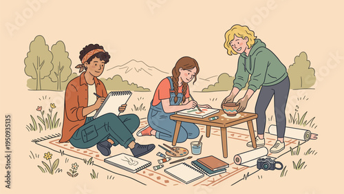 Young Women Creating Art and Pottery Outdoors in Nature