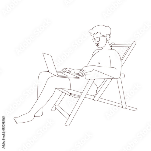 A chic young woman working on her laptop while laying on a tropical beach. Concept of digital nomad lifestyle, remote work, career independence, and successful occupation.