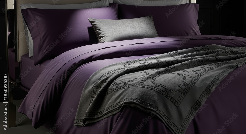 Fototapeta premium Luxurious deep amethyst bedding with a patterned grey throw blanket elegantly layered for ultimate comfort