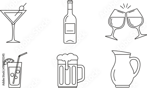Set of minimalist outline icons for various alcoholic and non-alcoholic beverages perfect for bar menus web design or party invitations