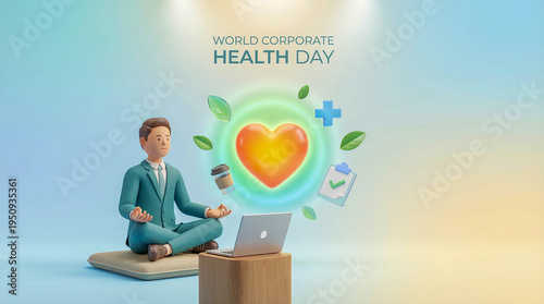 Professional meditating with a glowing heart and medical symbols, celebrating world corporate health day by promoting mental wellness, balance, and healthy employee wellbeing at work.
