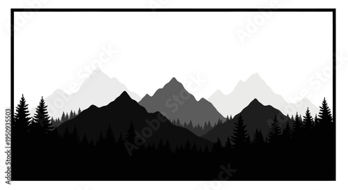 Dramatic mountain range landscape with trees on transparent background silhouette
