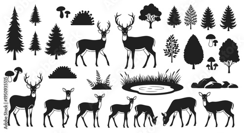 Forest wildlife collection with deer trees and mushrooms on transparent background silhouette