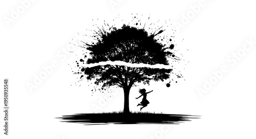 A joyful girl leaps near a bursting tree on transparent background silhouette