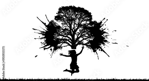 A woman leaping towards a tree with a splash effect on transparent background silhouette