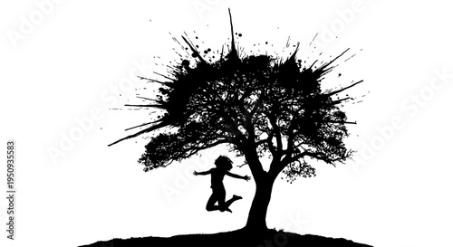Joyful child jumping under a tree with ink splash on transparent background silhouette