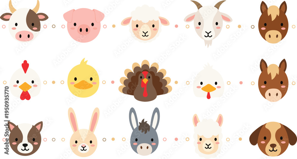Obraz premium Cute Farm Animal Faces Icon Set with Cow Pig Sheep Goat Horse Chicken Turkey Bunny Dog Donkey and Alpaca Vector Illustration Collection