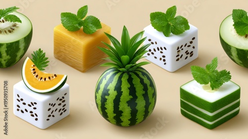 Assorted Sweet Fruit Desserts with Fresh Mint Garnish on a Neutral Background
